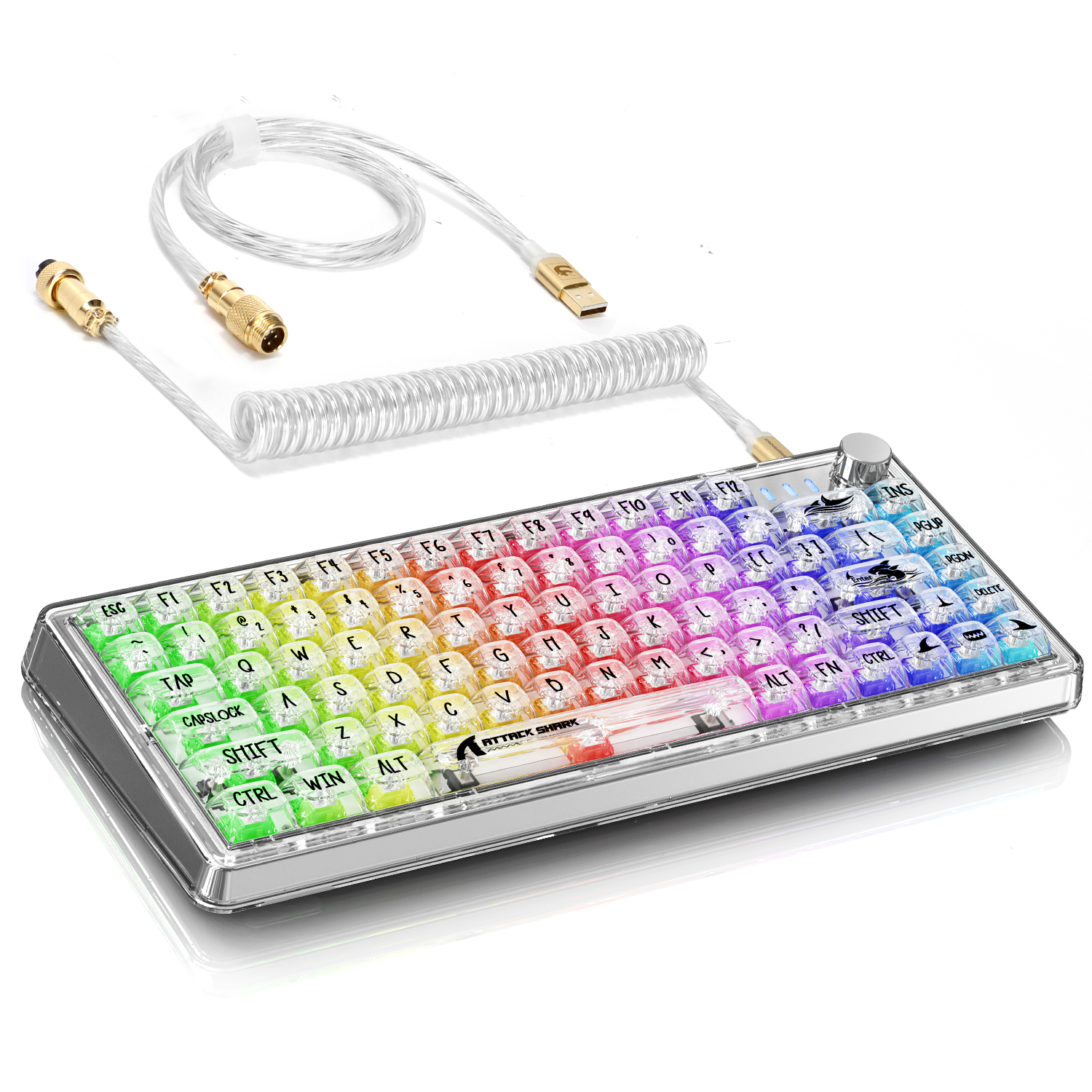 Attack Shark K75 RGB keyboard with clear keycaps and coiled USB cable