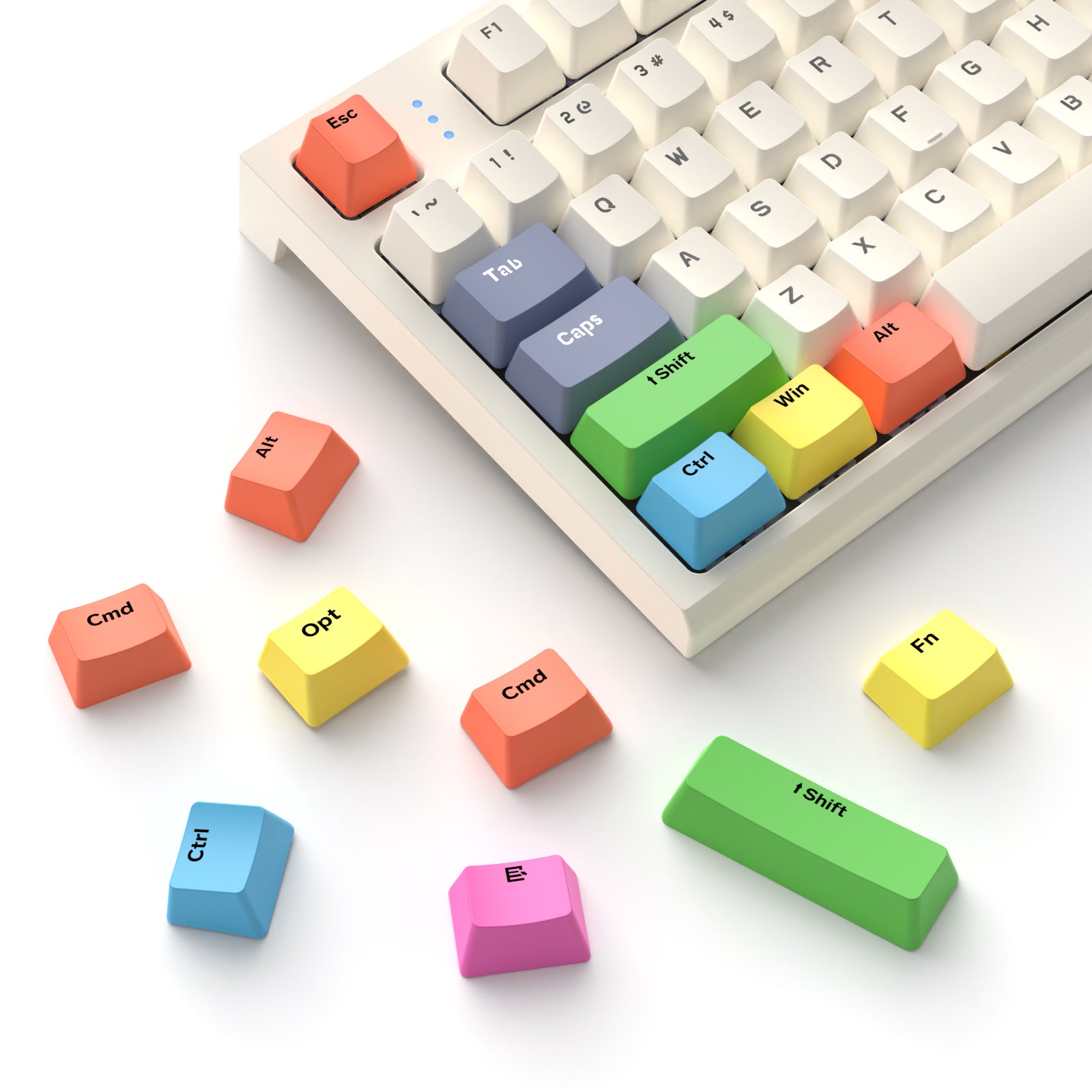 Colorful OEM profile PBT keycaps for mechanical keyboards in various colors.