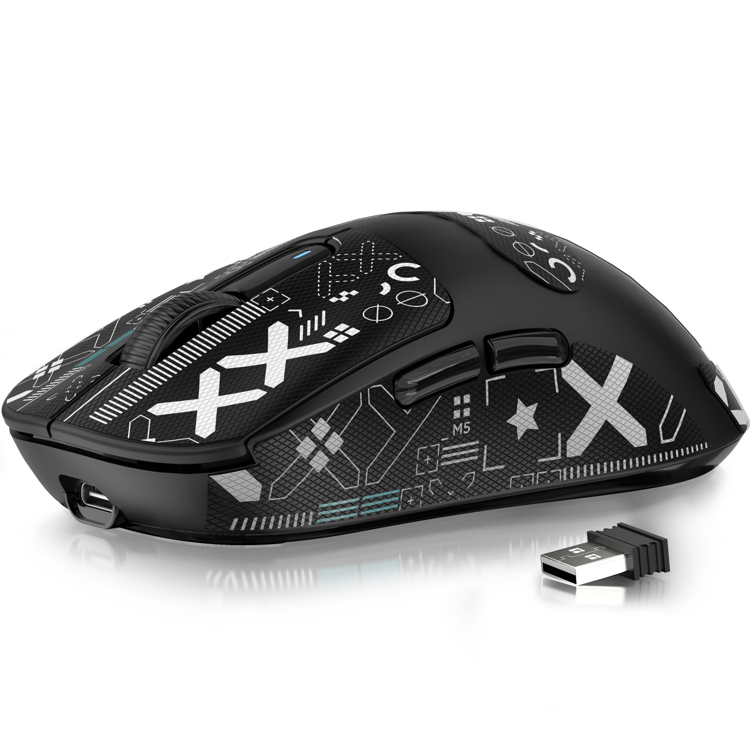 Black gaming mouse with colorful geometric grip tape and USB receiver for wireless use.