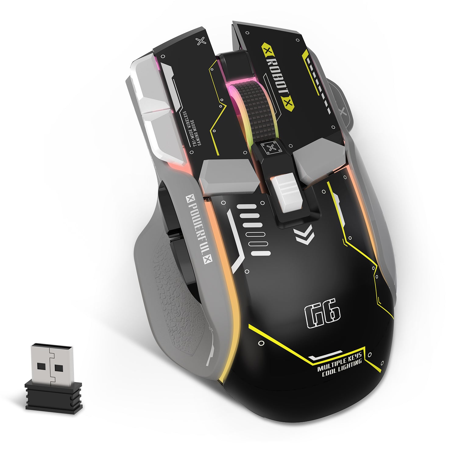 Attack Shark G6 Tri-mode gaming mouse in black and yellow with USB receiver.