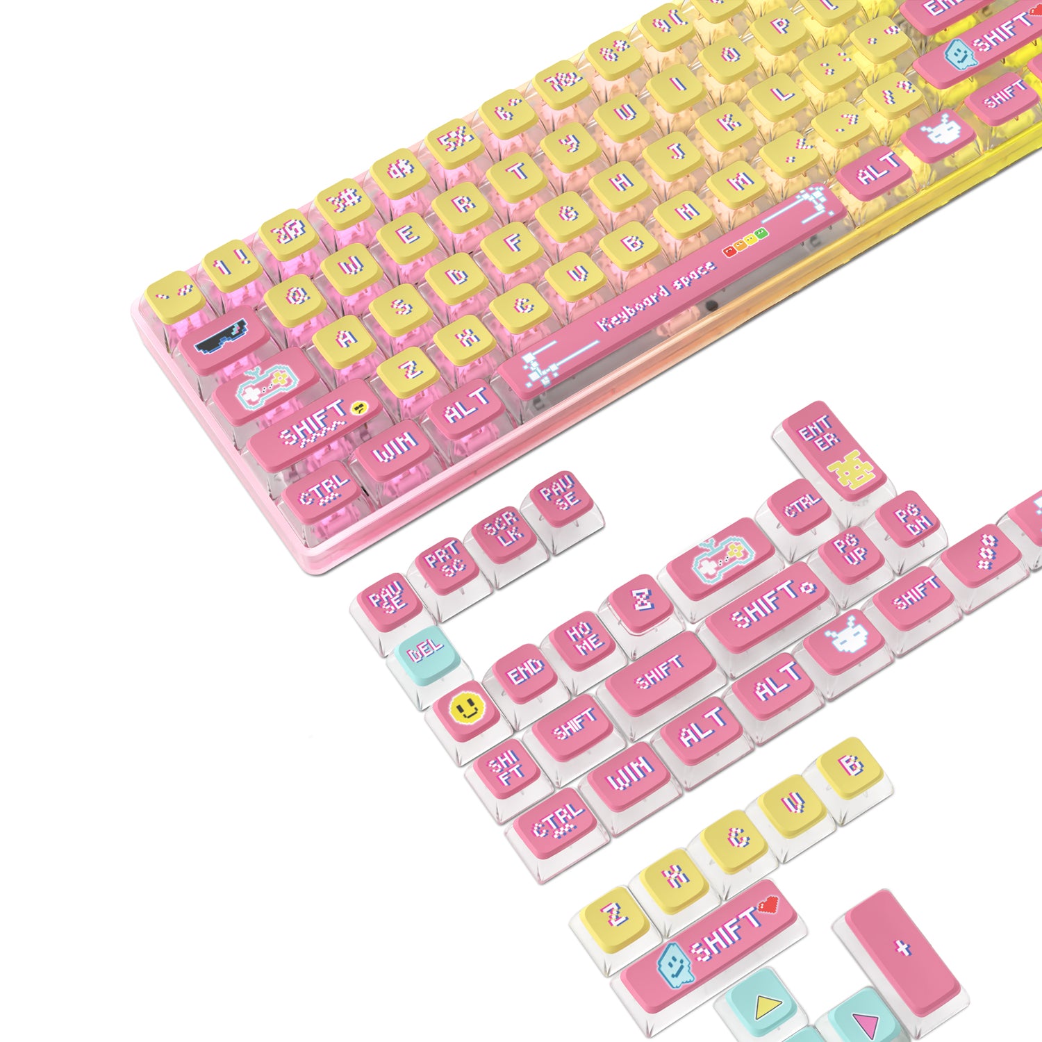 Colorful pink mechanical keyboard with cute character-themed keycaps and easy DIY features.