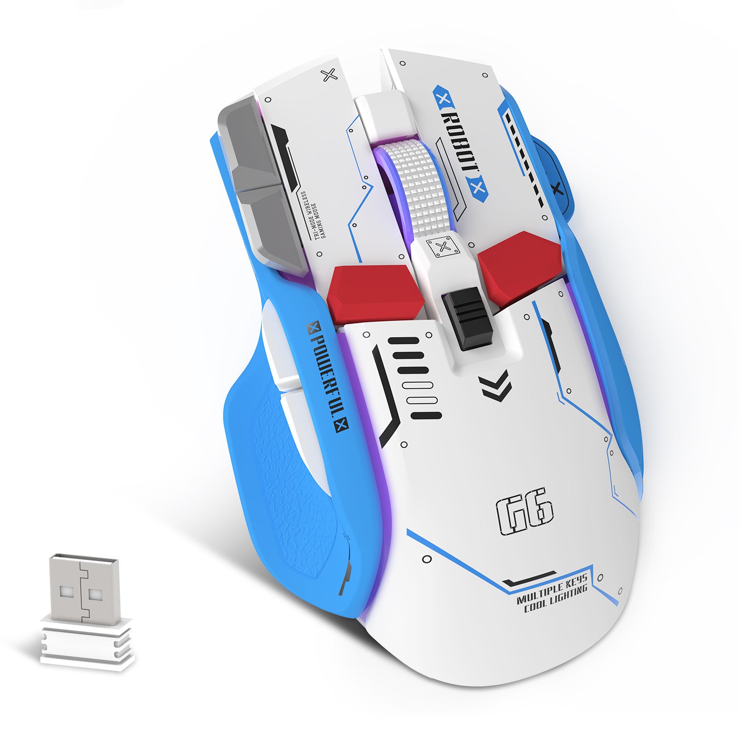 Attack Shark G6 Bluetooth and wired gaming mouse in blue and white with USB receiver.