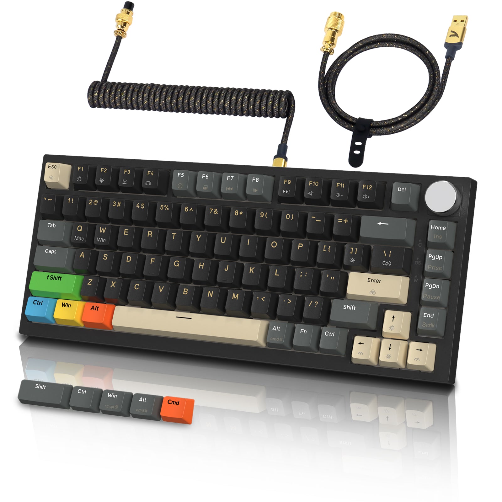 K85 keyboard with colorful keycaps and detachable cable on a white background.