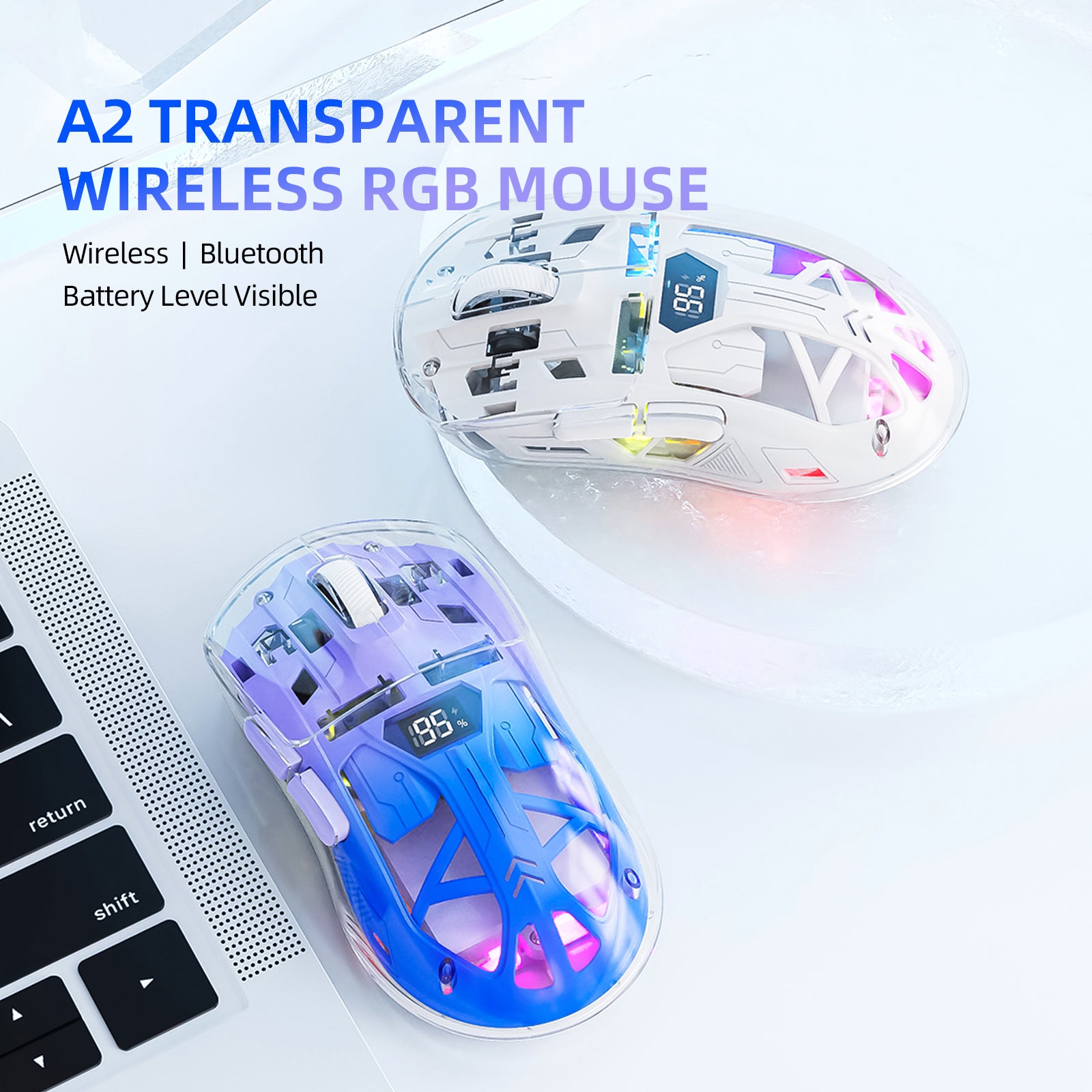 ATTACK SHARK A2 Transparent RGB Wireless Mouse with Battery Level Display