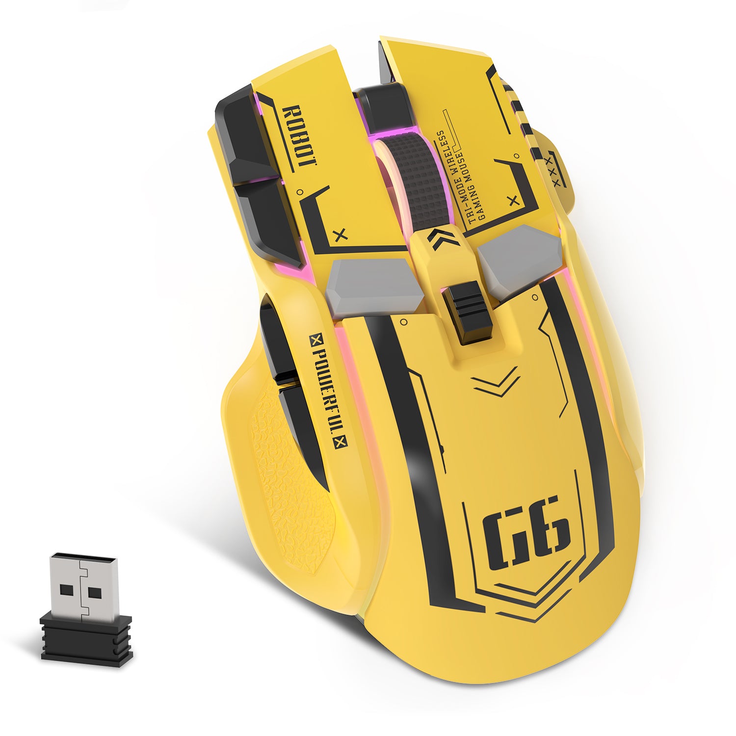 Attack Shark G6 Tri-mode Gaming Mouse in yellow with USB receiver.