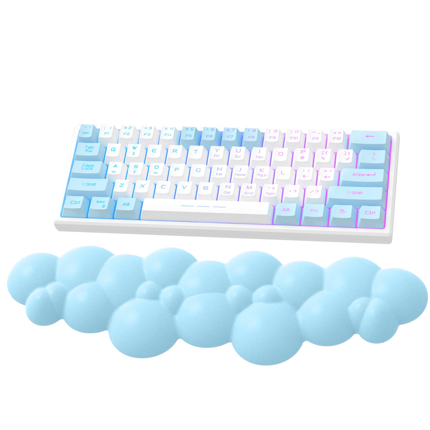 Light blue cloud-shaped wrist rest next to pastel mechanical keyboard.