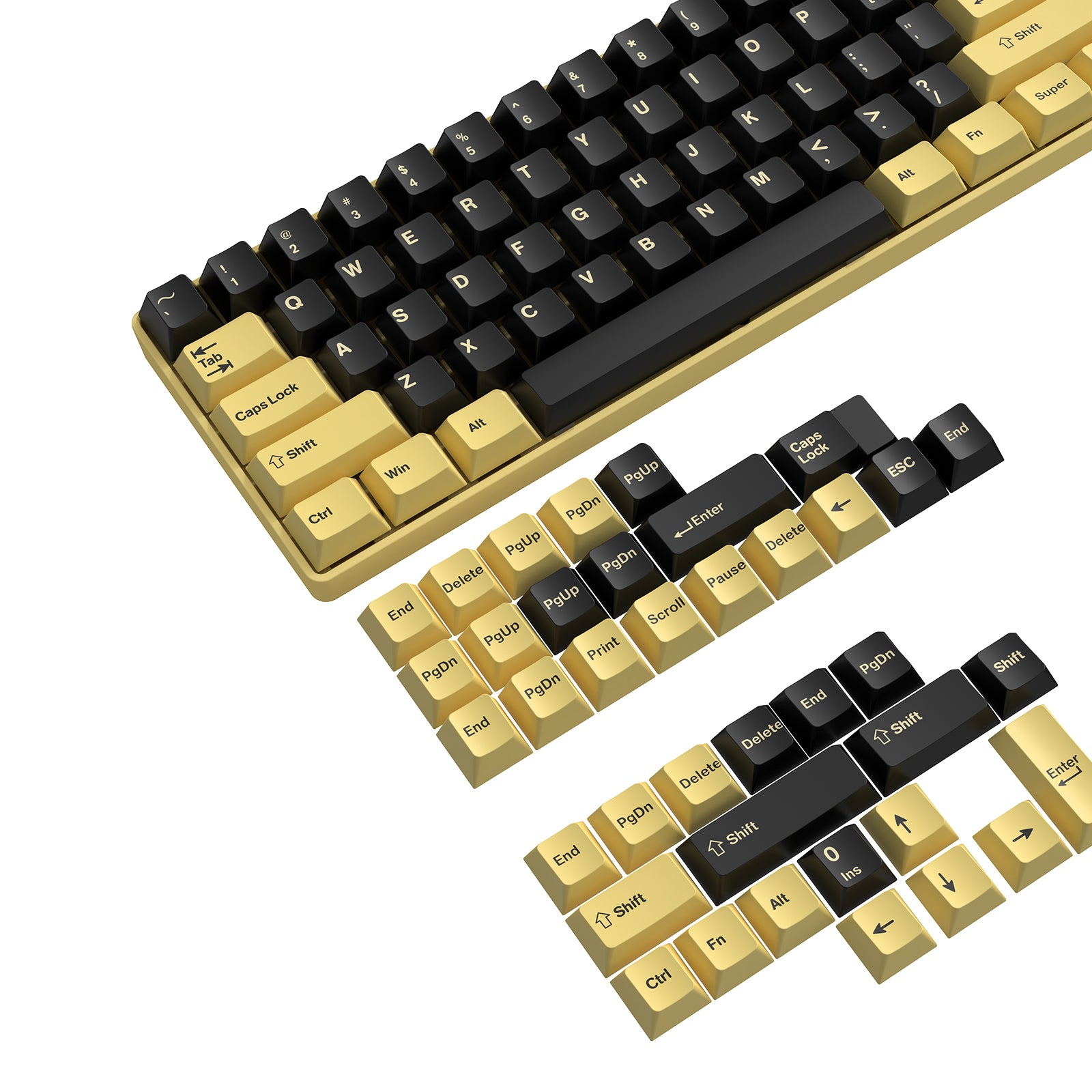 Black and gold PBT keycap set for mechanical keyboards.