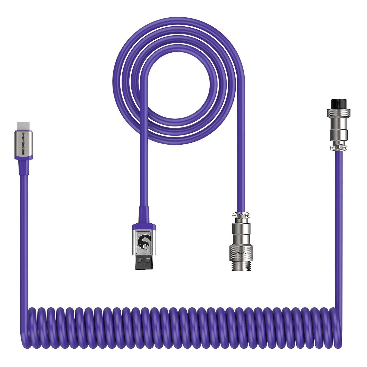 Purple coiled USB-C keyboard cable with detachable aviator connector and USB-A end.