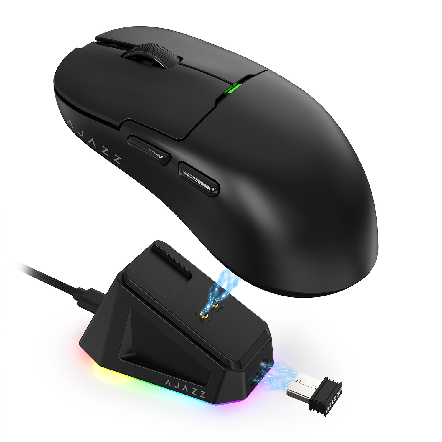 AJAZZ black gaming mouse and RGB magnetic charging dock for quick charging.