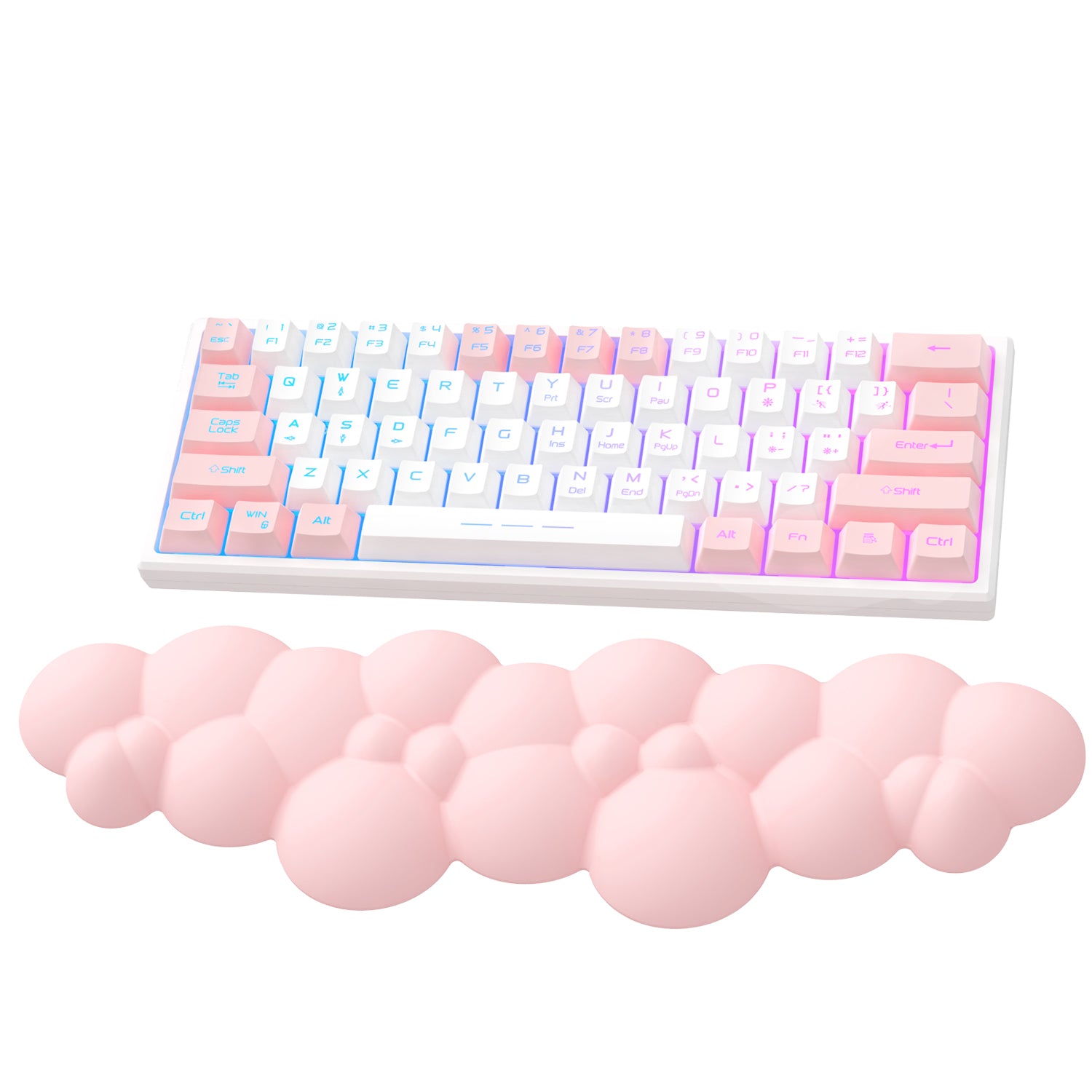 Pink cloud-shaped ergonomic wrist rest under pastel RGB mechanical keyboard.