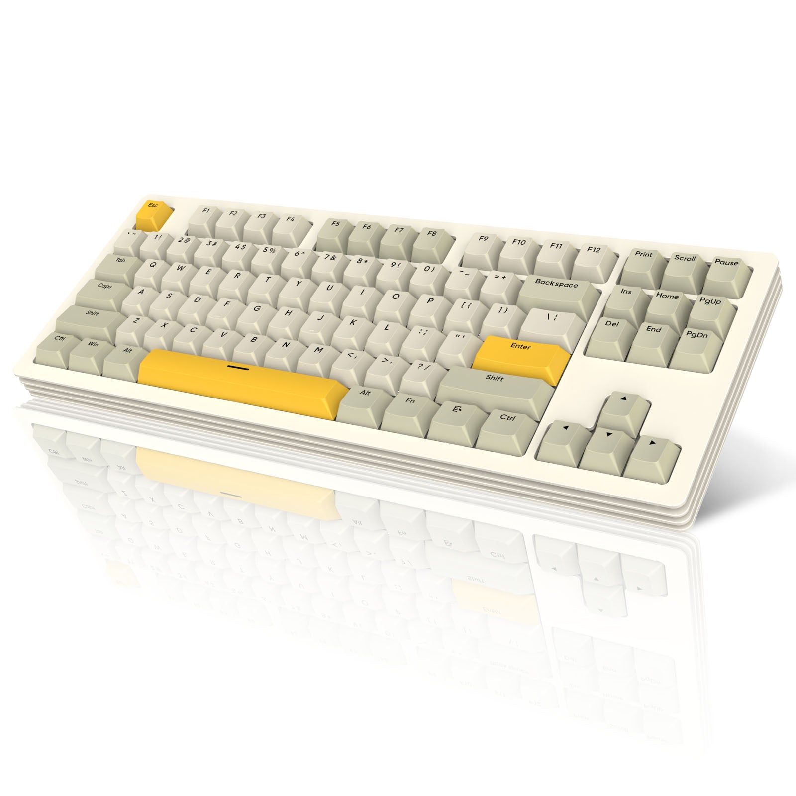 AJAZZ AKC087 mechanical keyboard with yellow and gray keycaps on reflective surface.