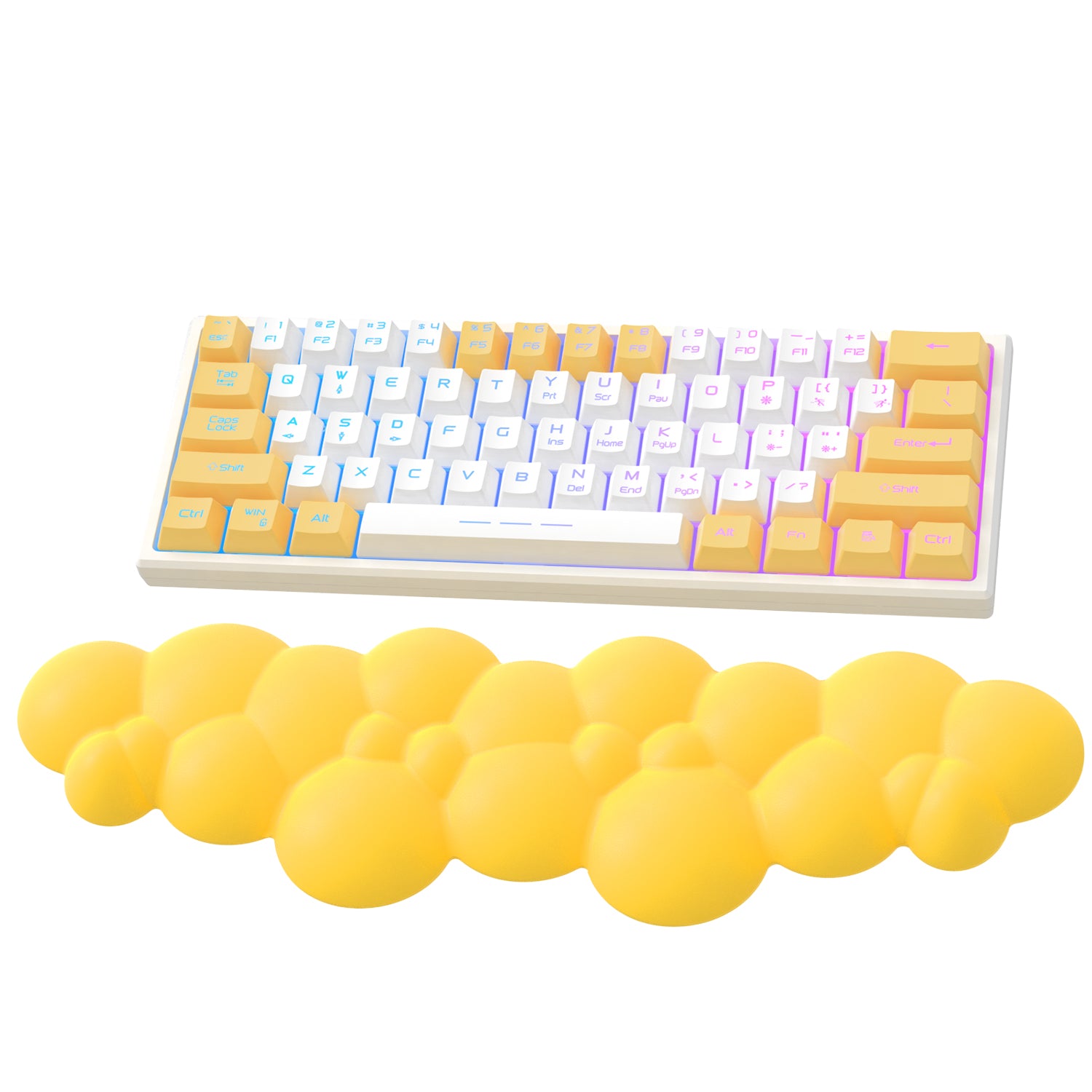 Yellow cloud-shaped ergonomic wrist rest with pastel mechanical keyboard.