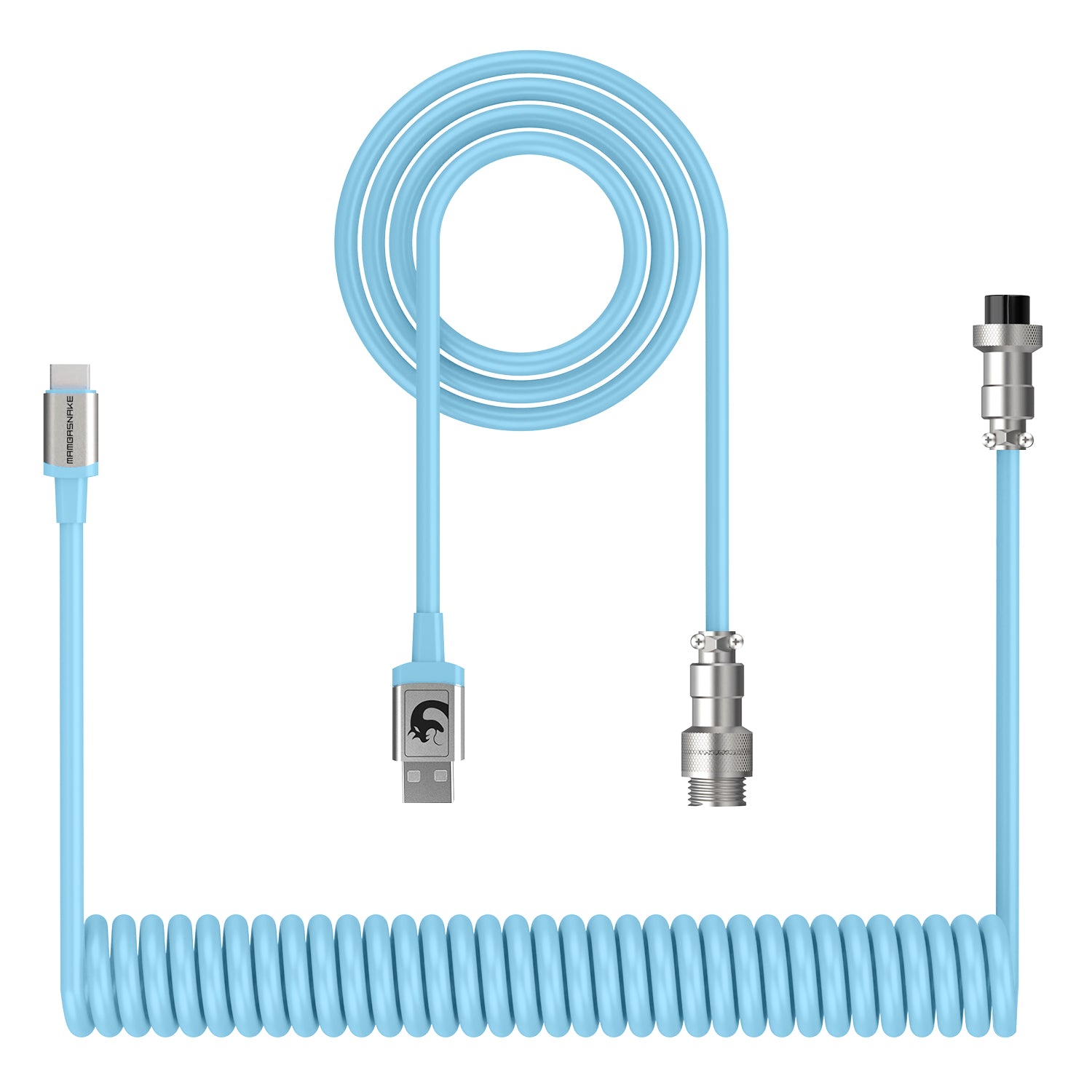 Light blue coiled USB-C keyboard cable with metal aviator connector and USB-A end.