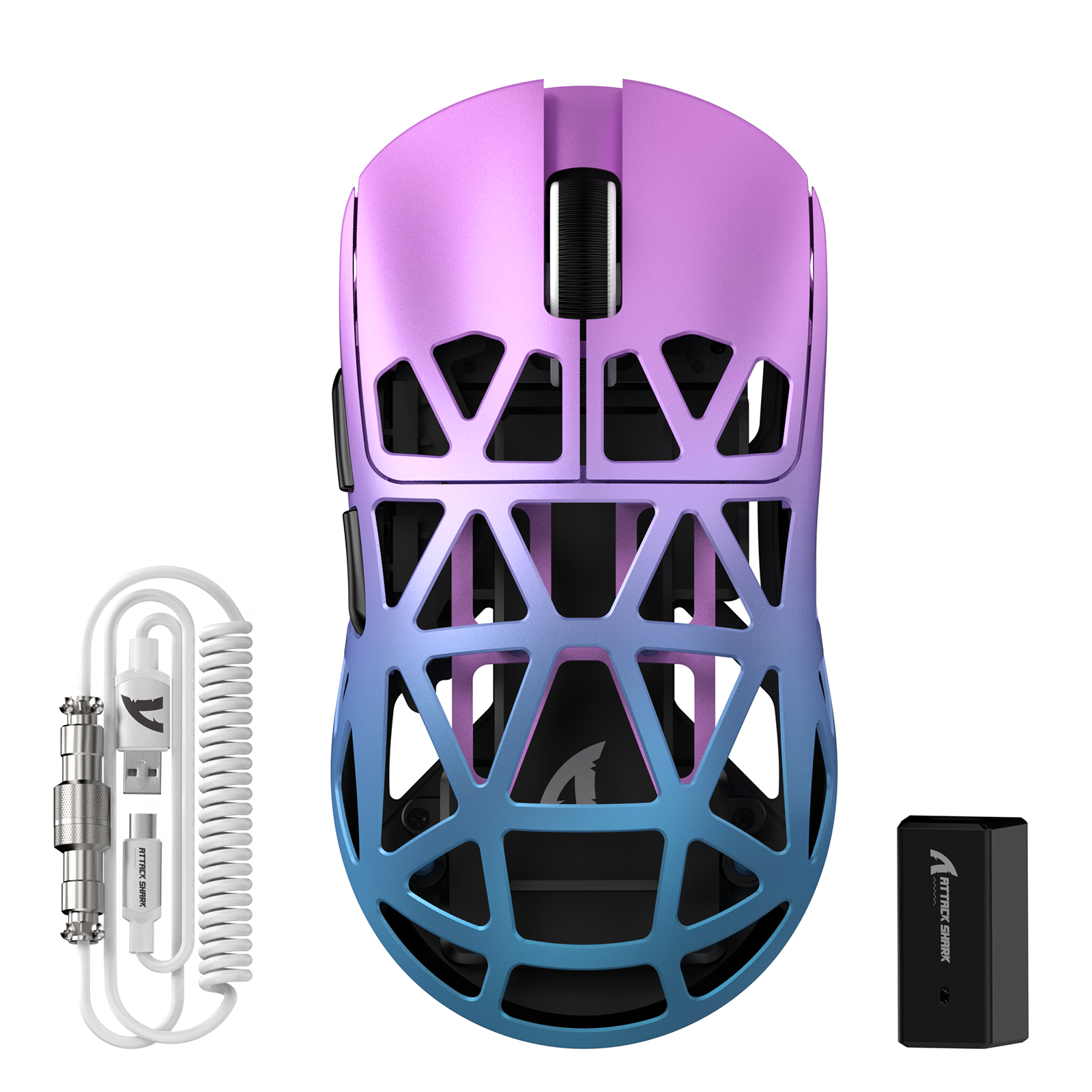 ATTACK SHARK R2PRO Gaming Mouse in gradient design with coiled cable and USB receiver.