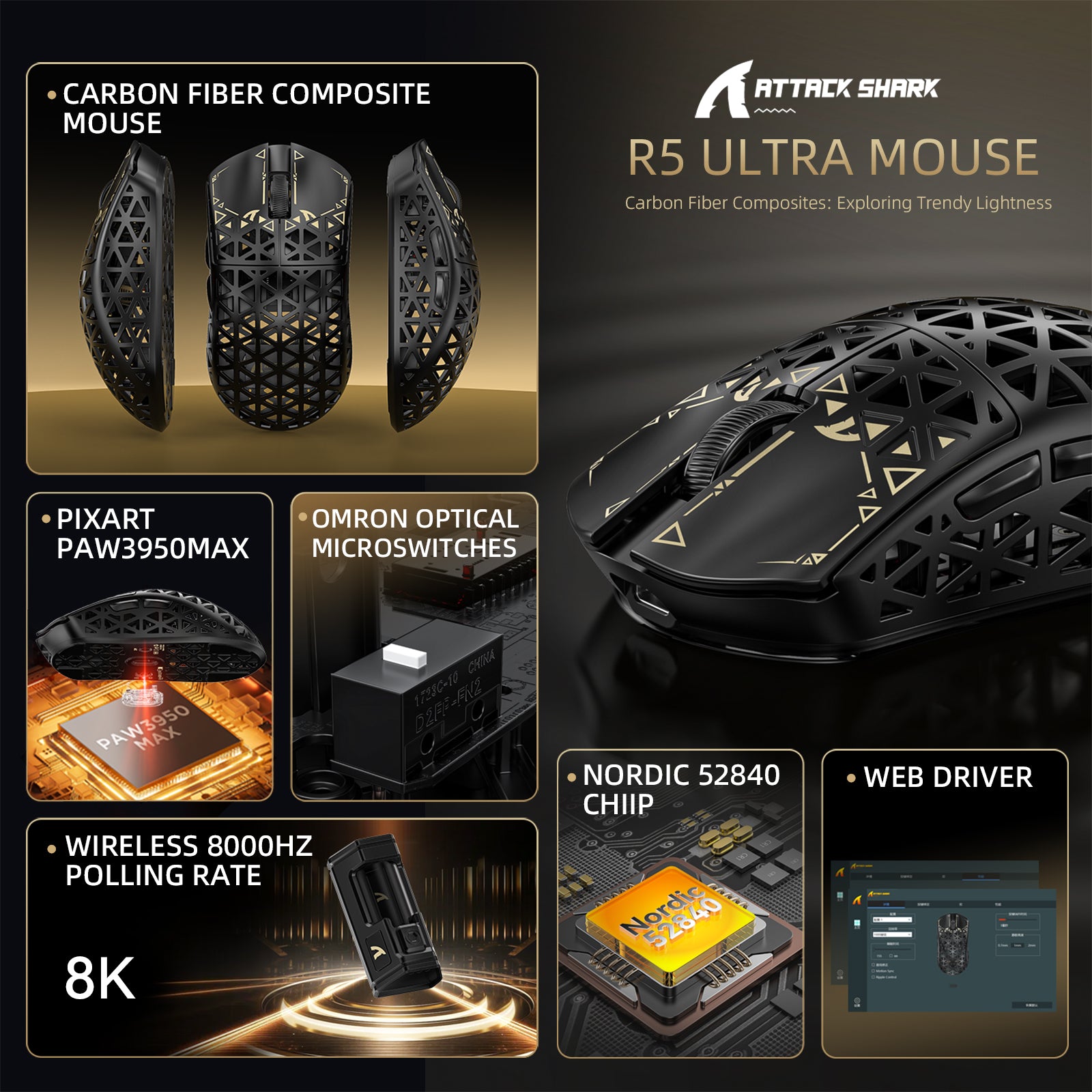 ATTACK SHARK R5 Ultra Carbon Fiber Wireless 8K PAW3950MAX Gaming Mouse with 8K Coiled Cable