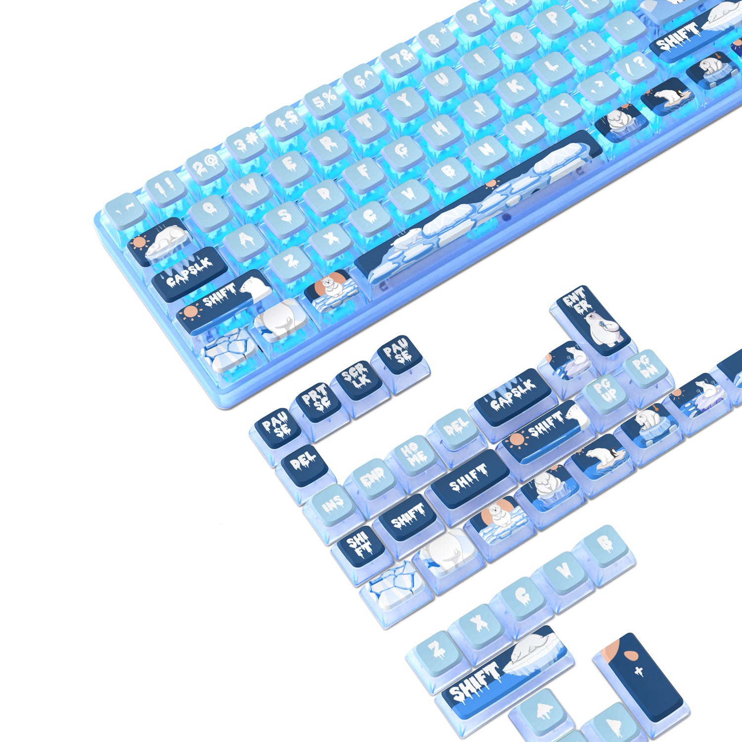 Blue and white mechanical keyboard with ocean-themed keycaps and sea creature designs