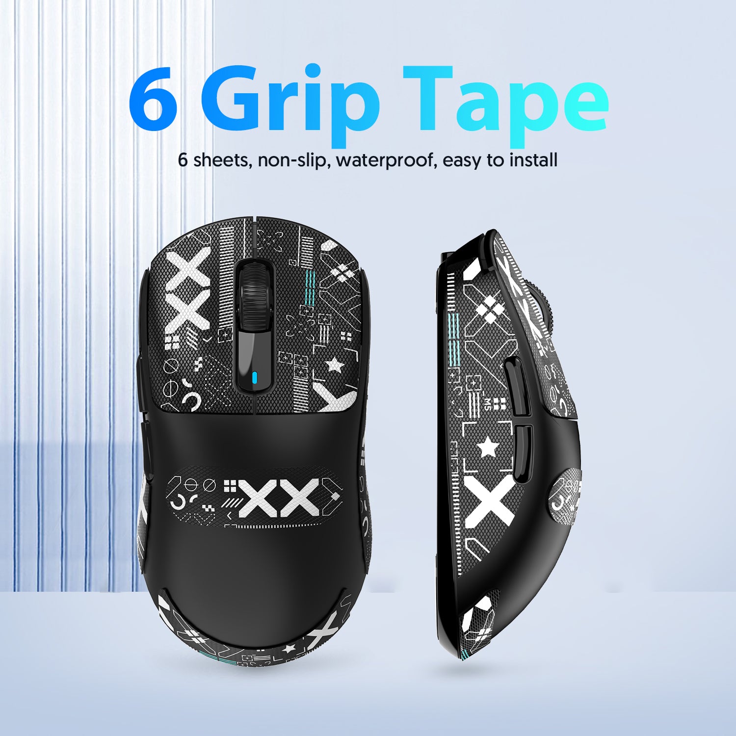 Six waterproof non-slip grip tape sheets for gaming mouse with geometric designs.