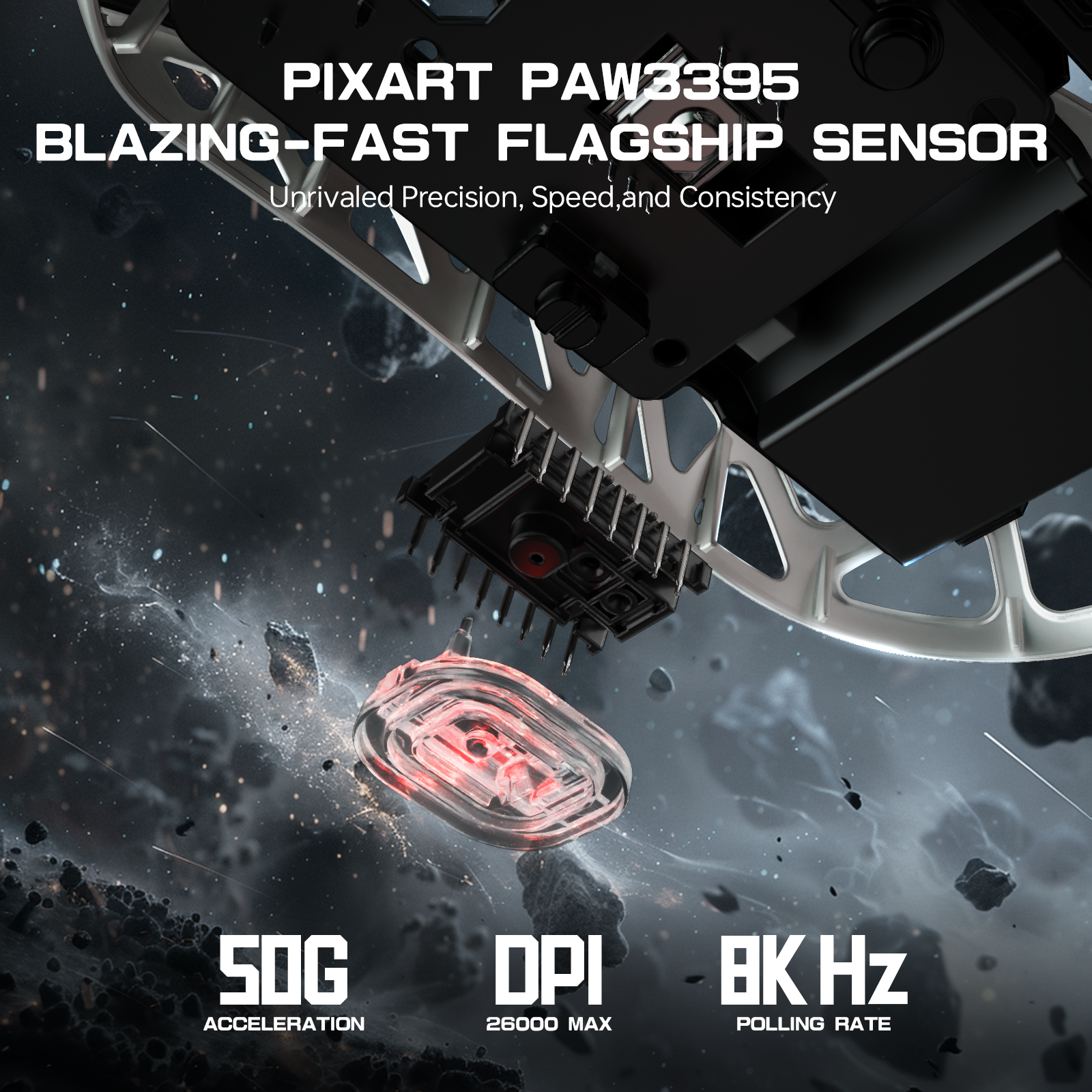 PixArt PAW3395 sensor specs: 50G acceleration, 26000 DPI, 8000Hz polling rate.