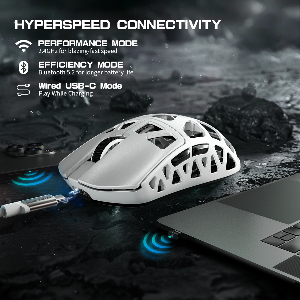 Attack Shark R3PRO gaming mouse showcasing HYPERSPEED connectivity modes and USB-C charging.