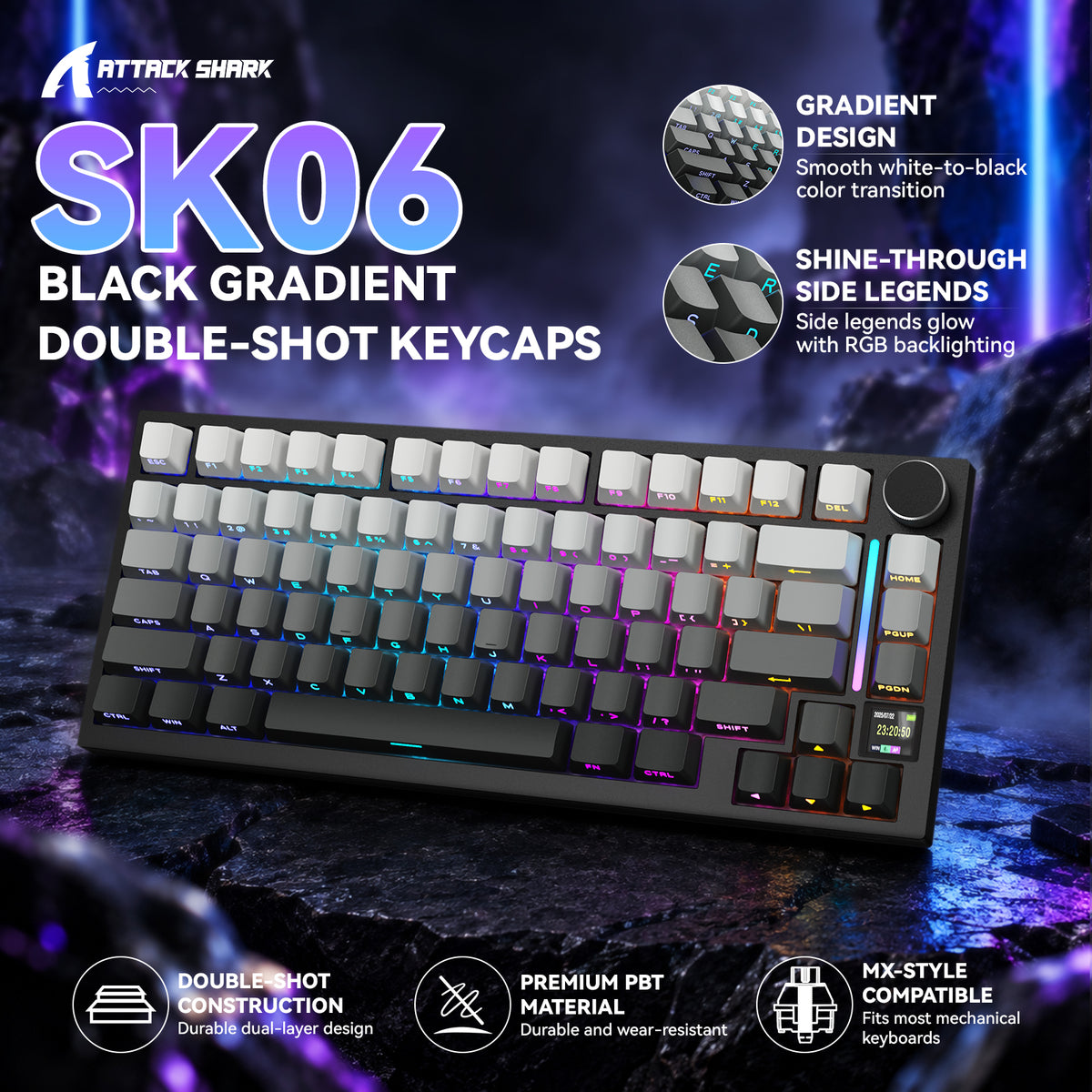 ATTACK SHARK SK06, 135 touches, touches translucides, ANSI/ISO