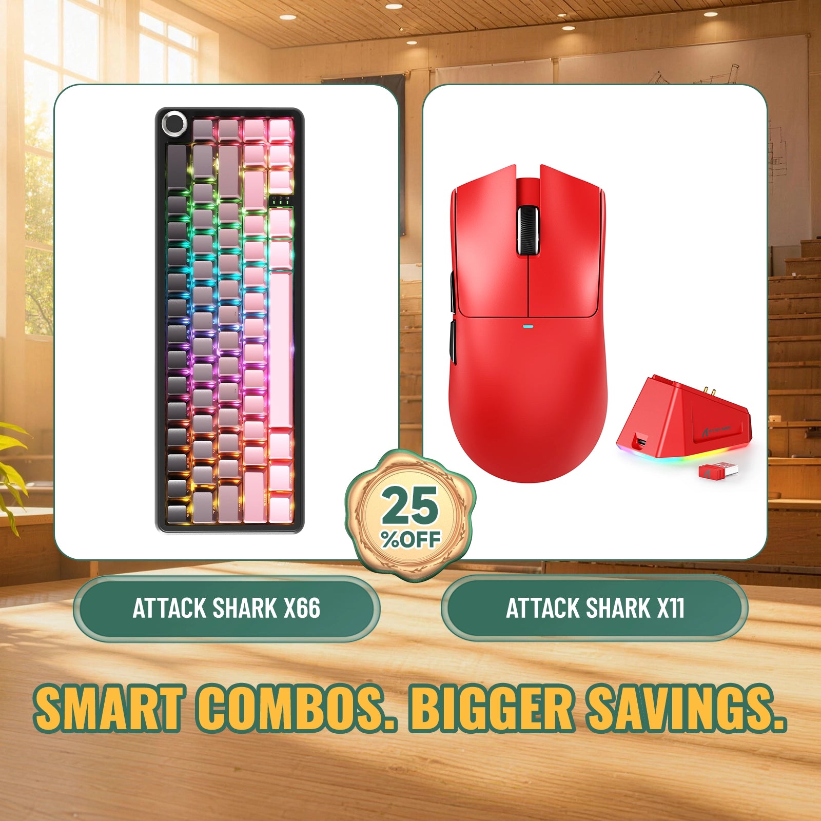 Paquete ATTACK SHARK X66 teclado mecánico inalámbrico + ratón para juegos inalámbrico X11