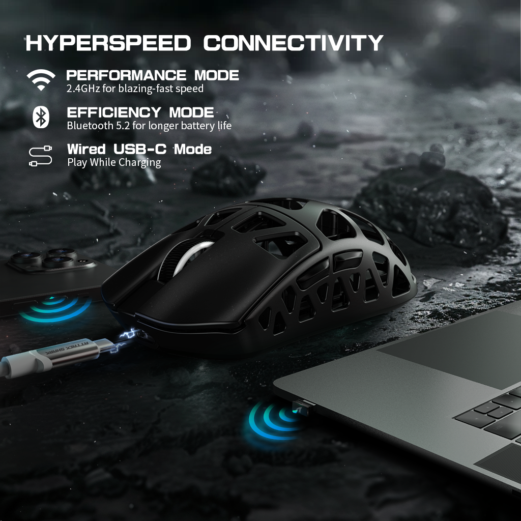 Attack Shark R3 Gaming Mouse showing HYPERSPEED connectivity options with USB-C charging.