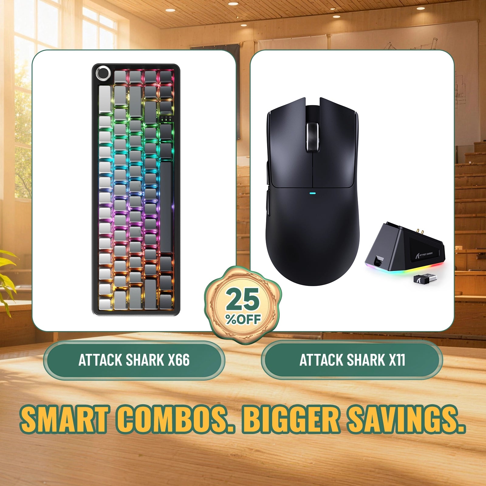 Paquete ATTACK SHARK X66 teclado mecánico inalámbrico + ratón para juegos inalámbrico X11