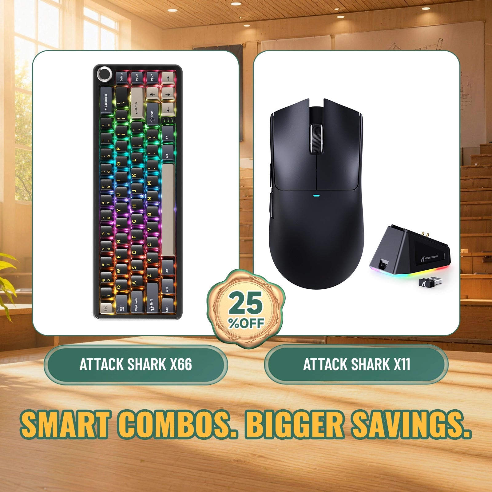 Paquete ATTACK SHARK X66 teclado mecánico inalámbrico + ratón para juegos inalámbrico X11