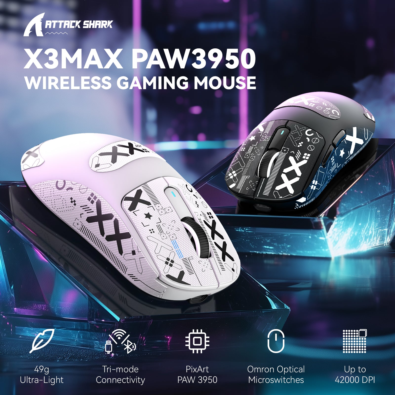 X3MAX PAW3950 wireless gaming mouse in white and black with 42,000 DPI sensor.