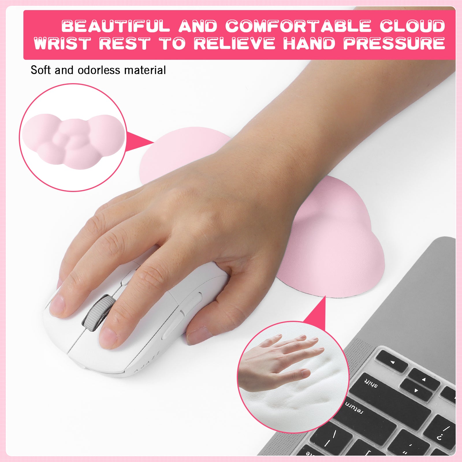 Hand resting on pink cloud-shaped wrist rest with white gaming mouse and laptop.