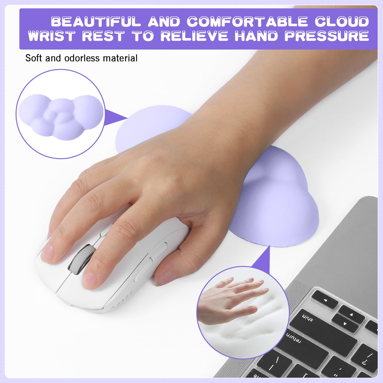 Lavender cloud wrist rest supporting hand while using a gaming mouse on a light surface.