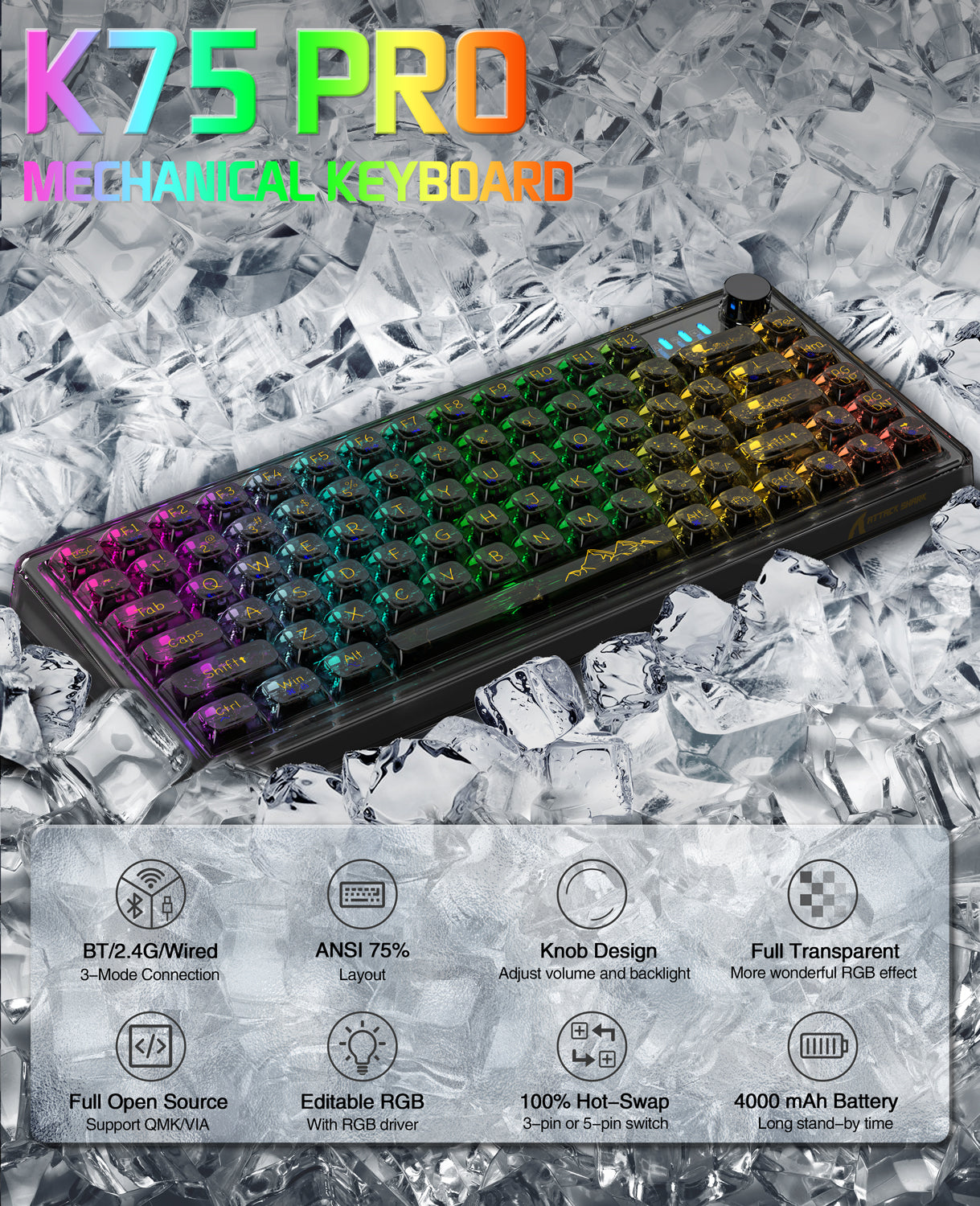 K75 Pro mechanical keyboard with transparent keys, RGB lighting, and multifunctional knob.