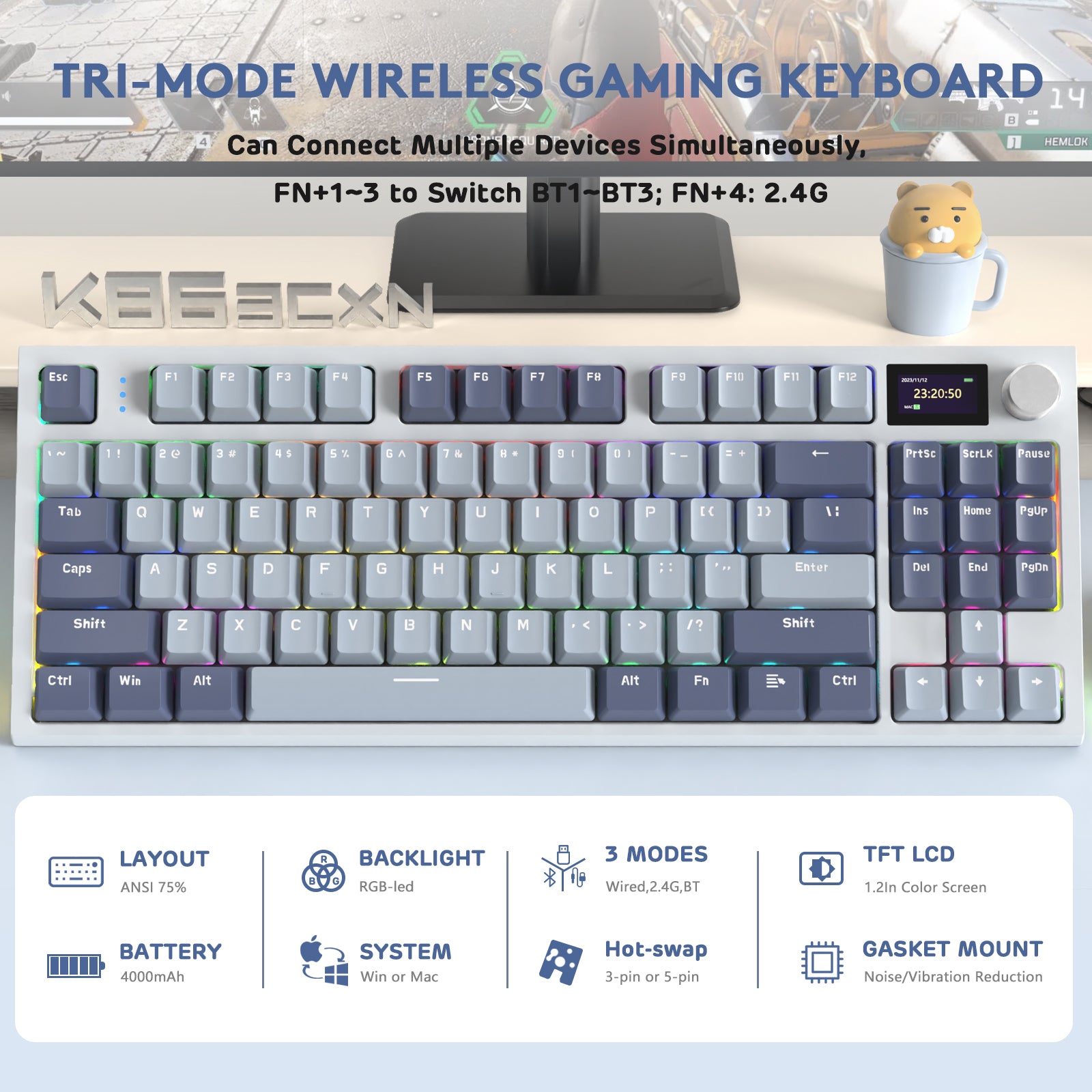 K86PRO wireless gaming keyboard features tri-mode connectivity, 87 keys, TFT LCD, and gasket mount.