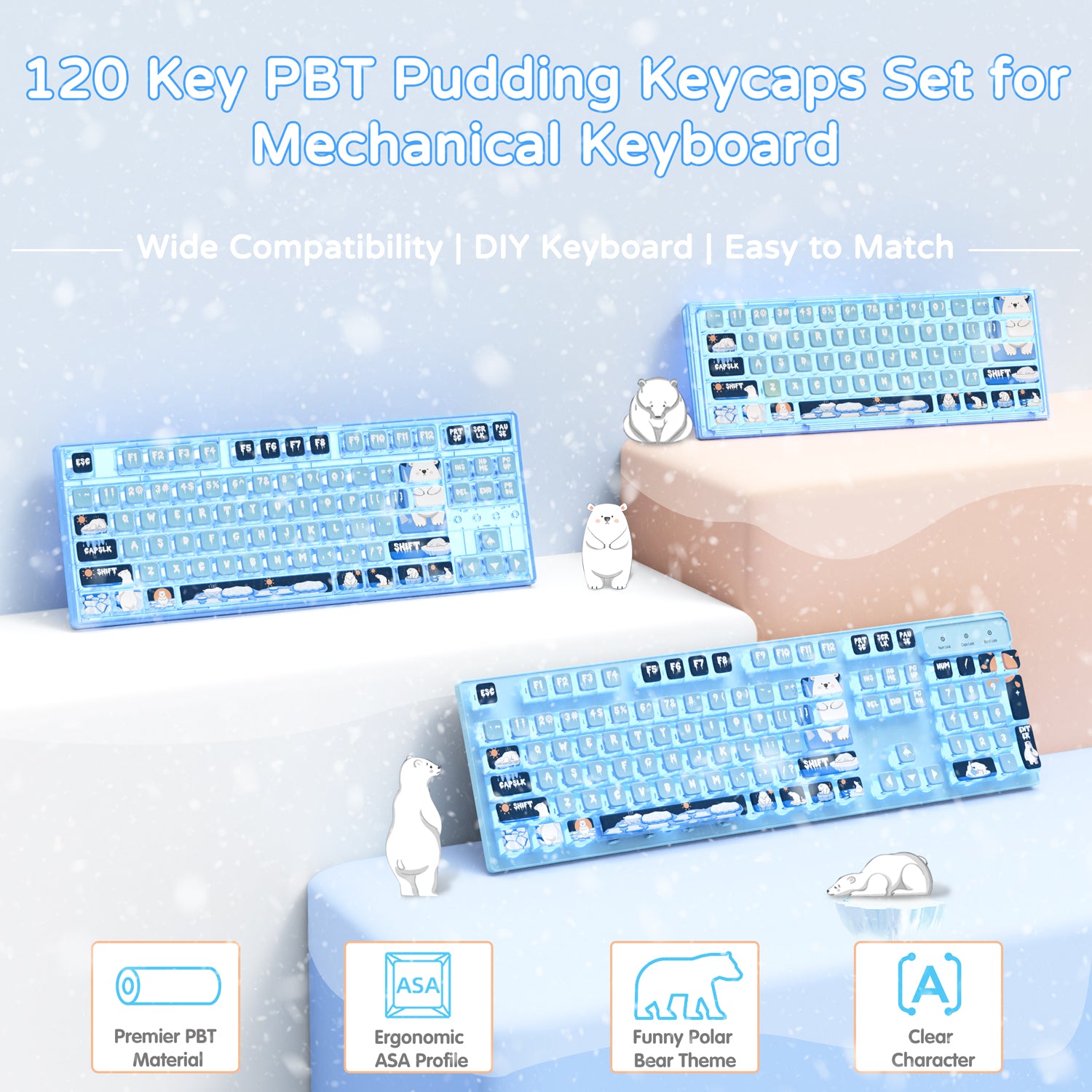 Ocean-themed blue and white pudding keycaps set for mechanical keyboards.