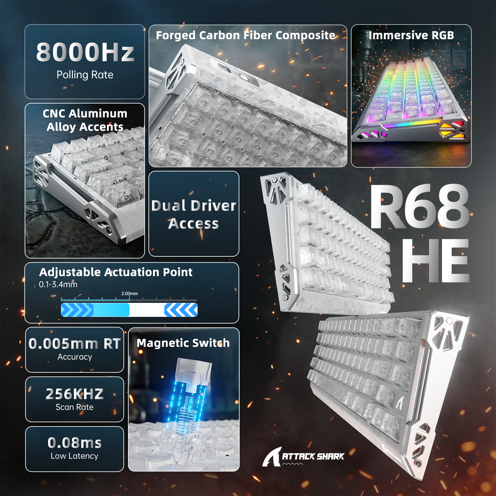 ATTACK SHARK R68 HE Carbonfaser-Schnelltrigger-Tastatur mit Magnetschalter