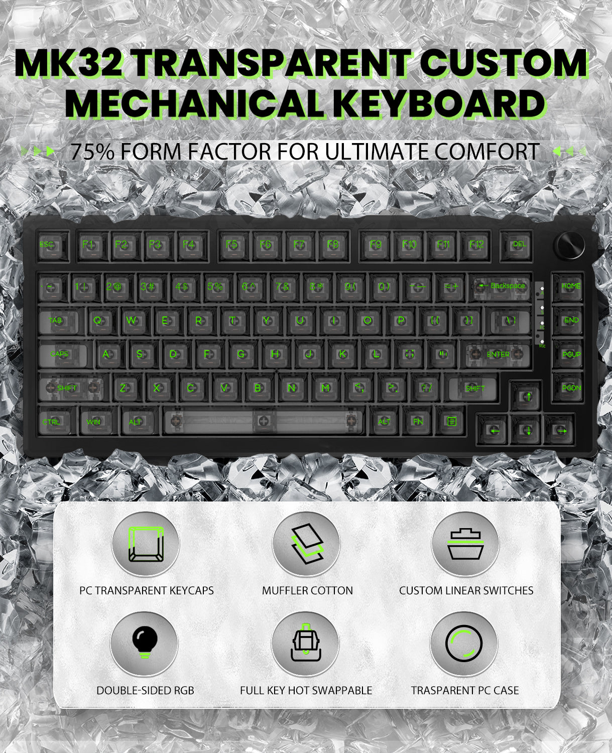 MK32 transparent keyboard features, including RGB lighting and hot-swappable switches.