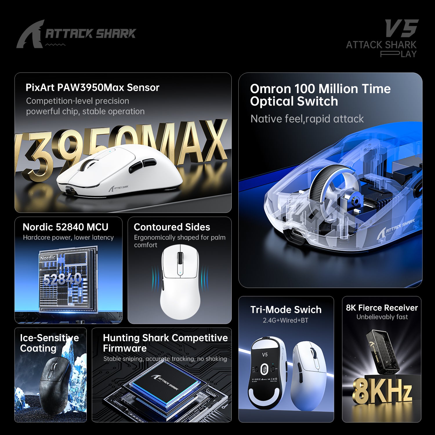 ATTACK SHARK V5 8KHz Wireless PAW3950MAX Gaming Mouse with C06 Ultra Cable