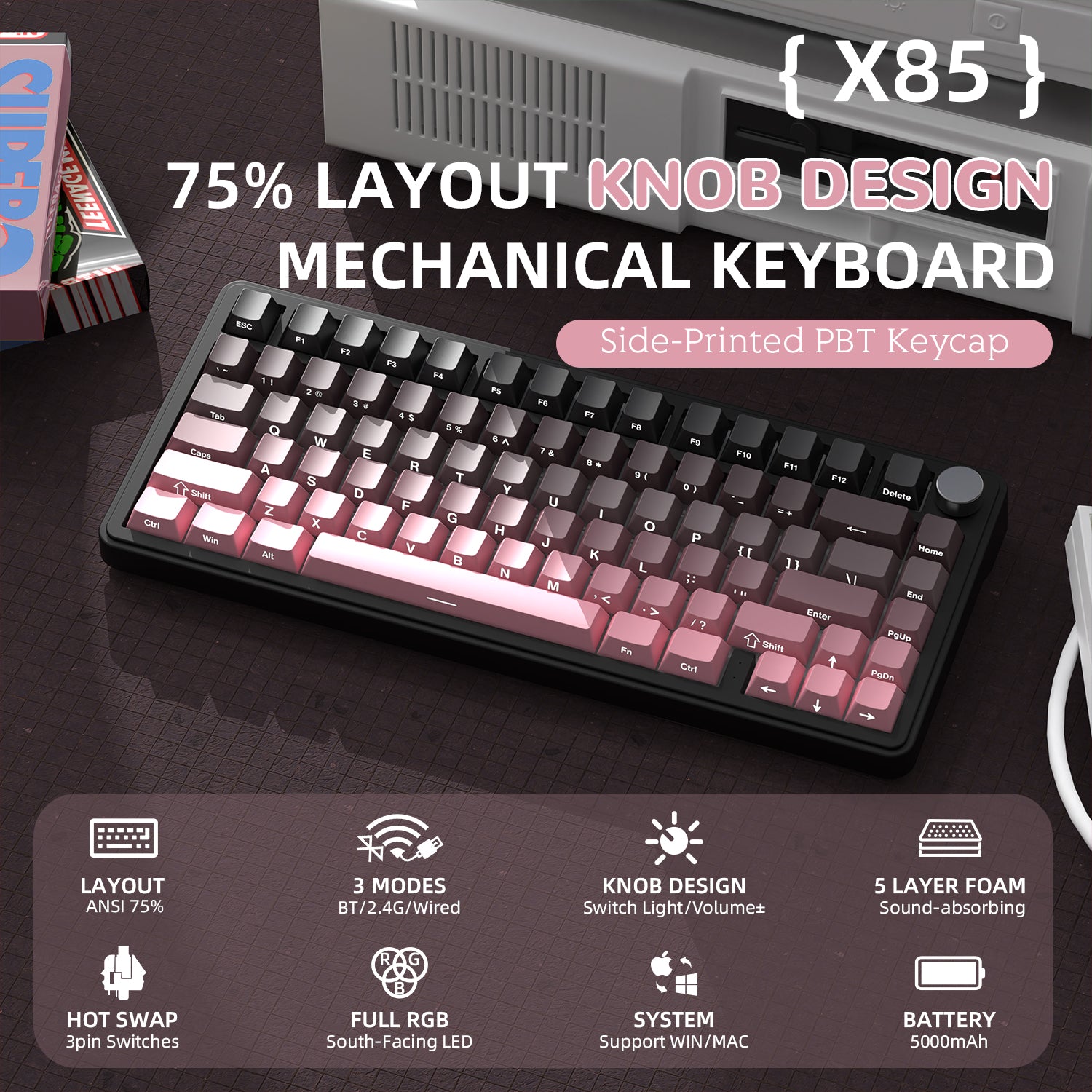 Attack Shark X85 Wireless Mechanical Keyboard with 75% layout and PBT keycaps.