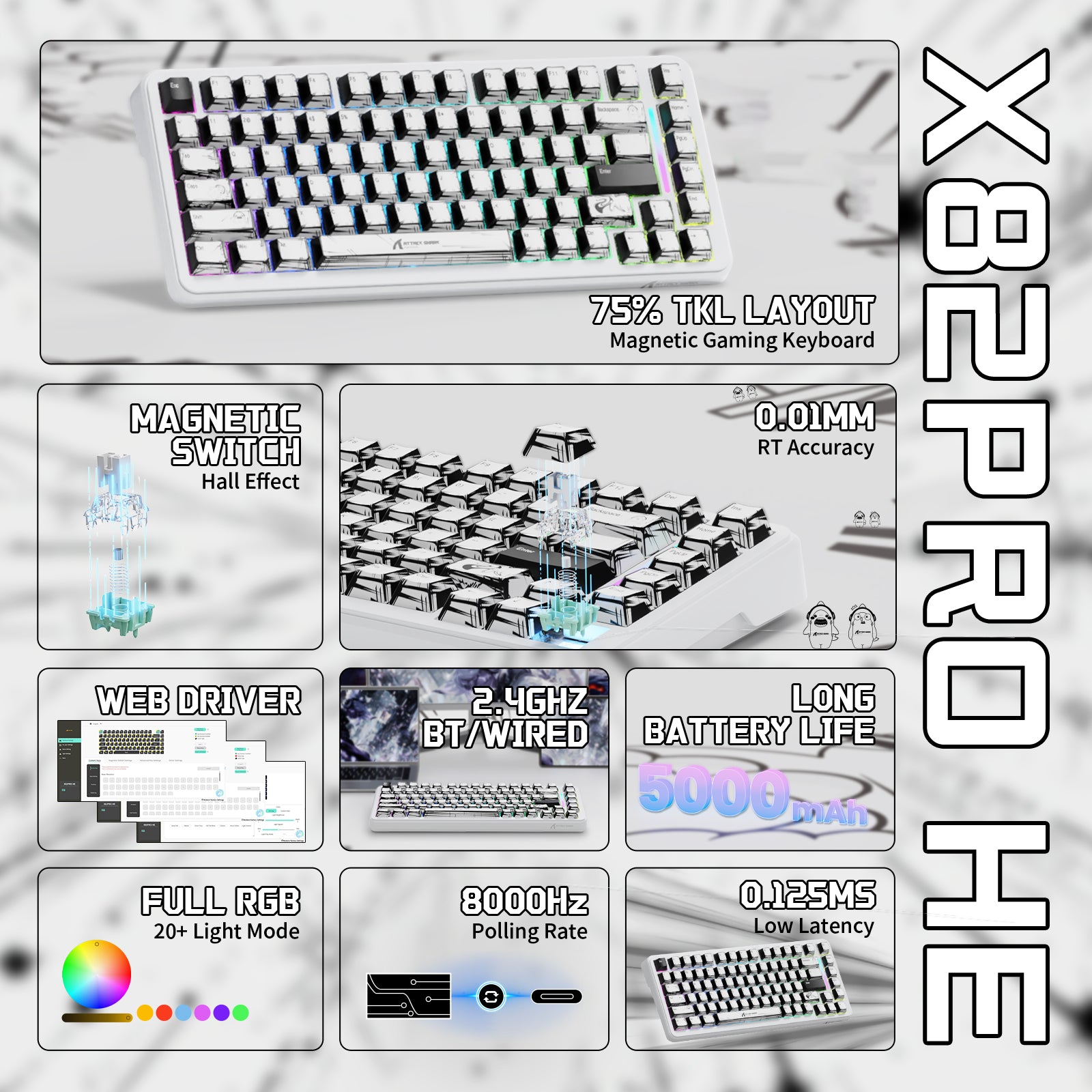 ATTACK SHARK X82PRO HE Kabellose Rapid Trigger-Gaming-Tastatur mit Magnetschalter