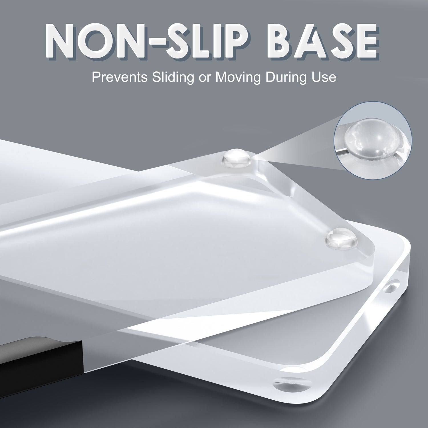 Translucent wrist rest with non-slip rubber pads for stability and ergonomic support.