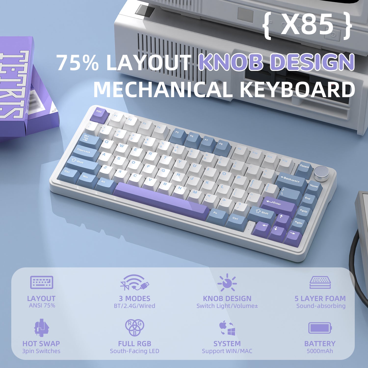 Attack Shark X85 75% layout mechanical keyboard with volume knob and three connection modes.