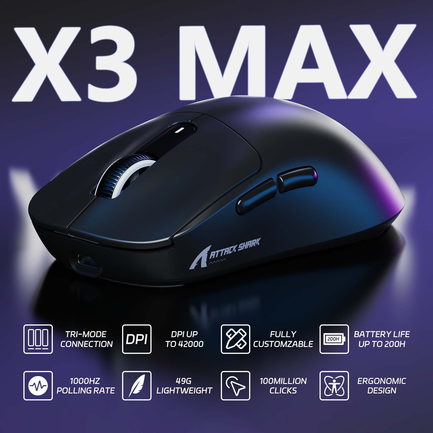 ATTACK SHARK X3MAX PAW3950 Wireless Gaming Mouse with C06 Mouse Coiled Cable