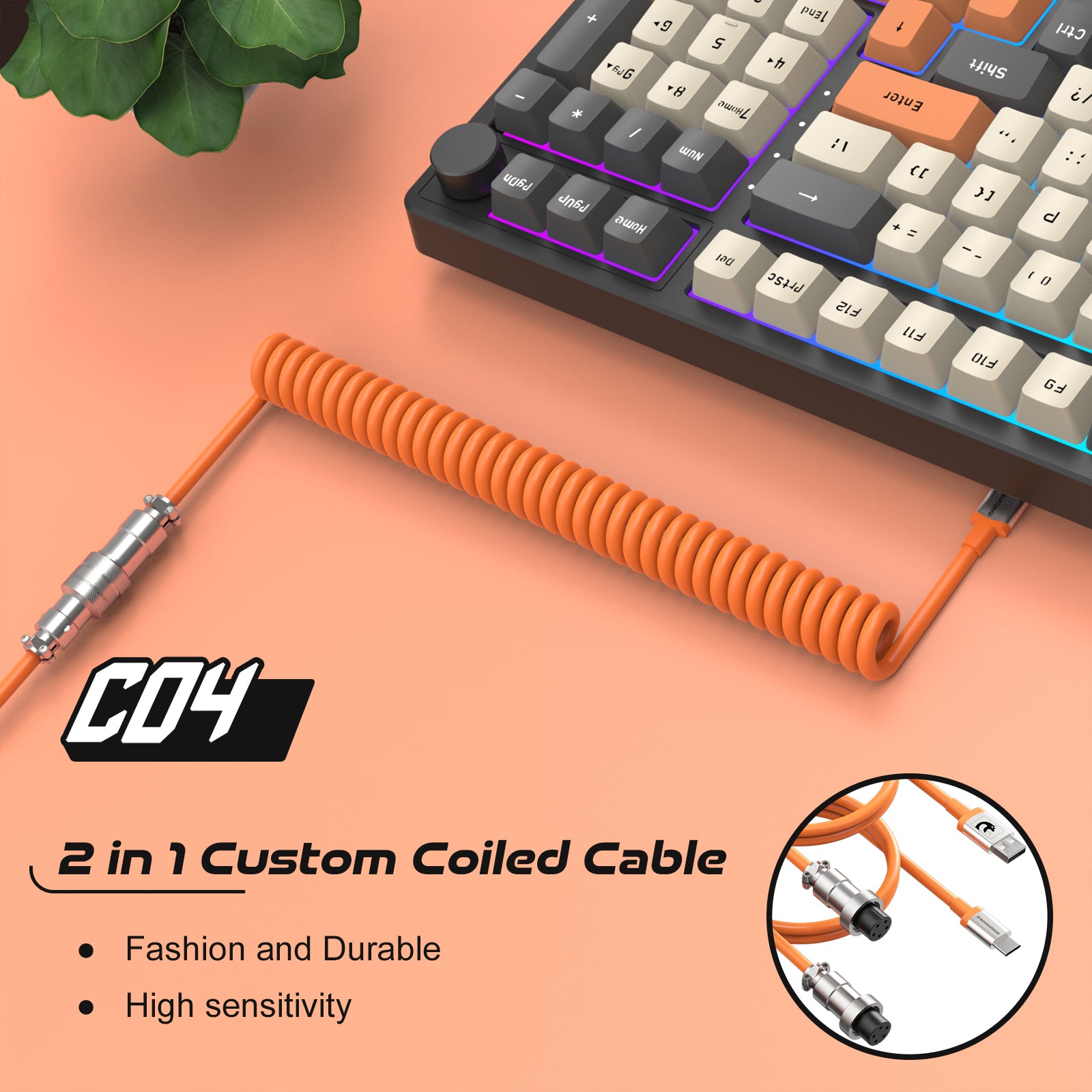 Attack Shark C04 coiled cable in orange connected to mechanical keyboard.