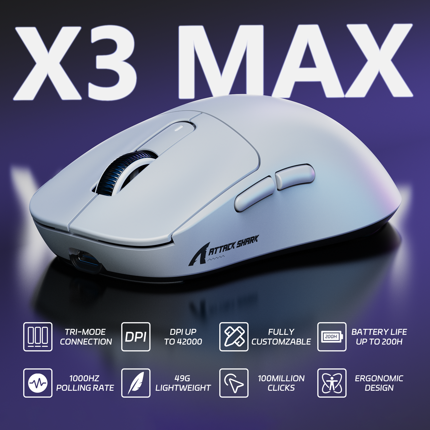 Attack Shark X3MAX wireless gaming mouse in white with tri-mode connection features