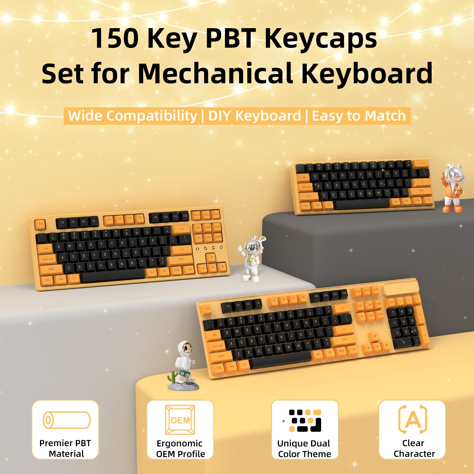 150-key dual color PBT keycap set for mechanical keyboards with wide compatibility.