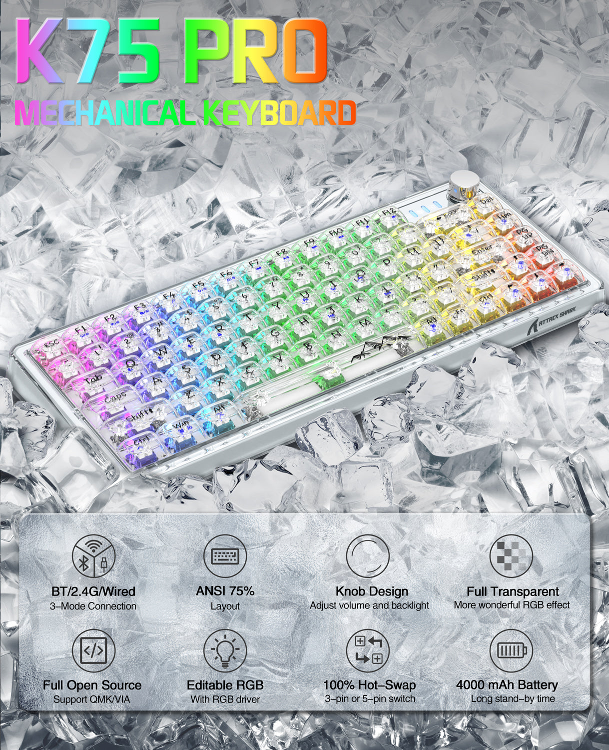 ATTACK SHARK K75 Pro Transparent Triple Modes Mechanical Keyboard