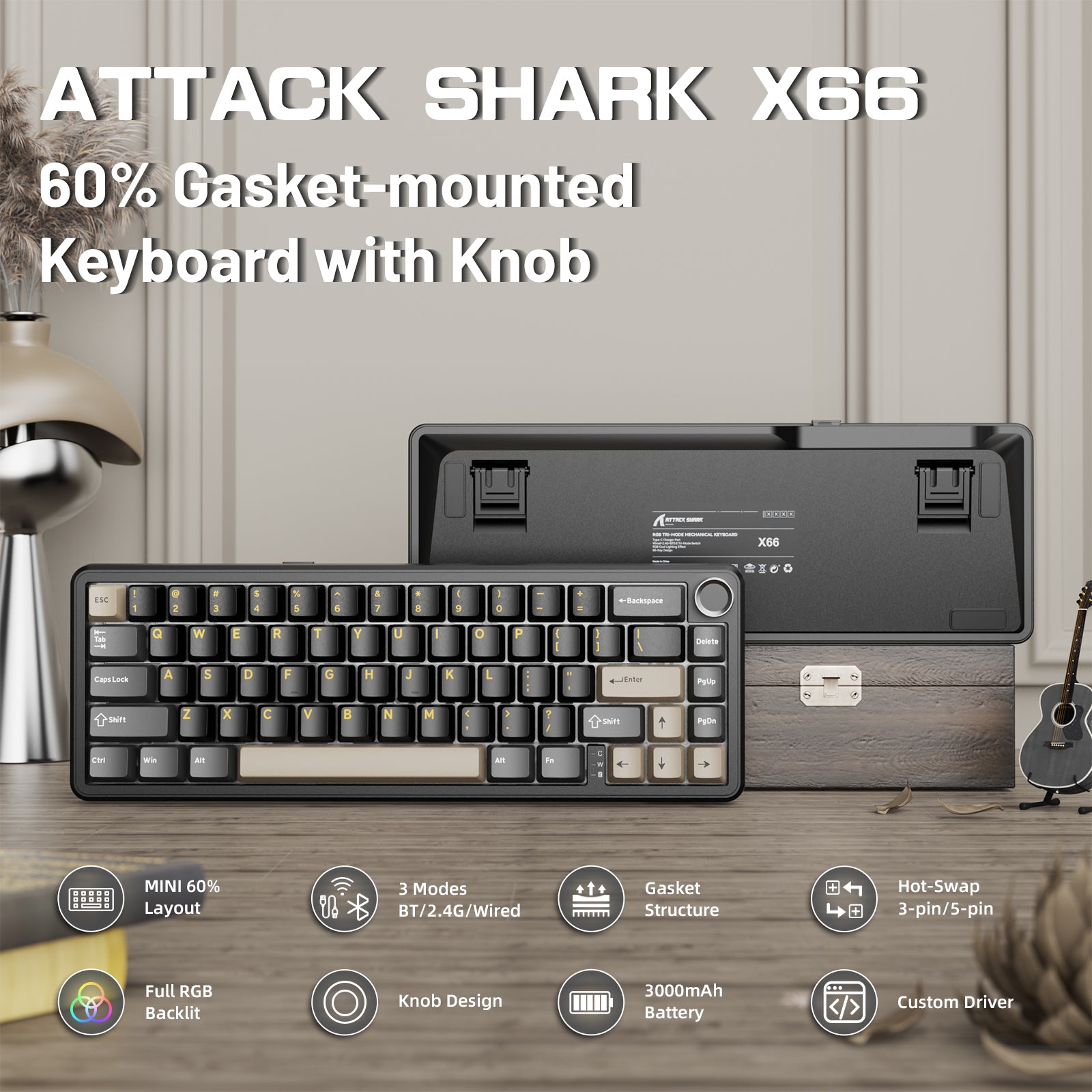 Teclado mecánico inalámbrico ATTACK SHARK X66 con cable en espiral de 8K