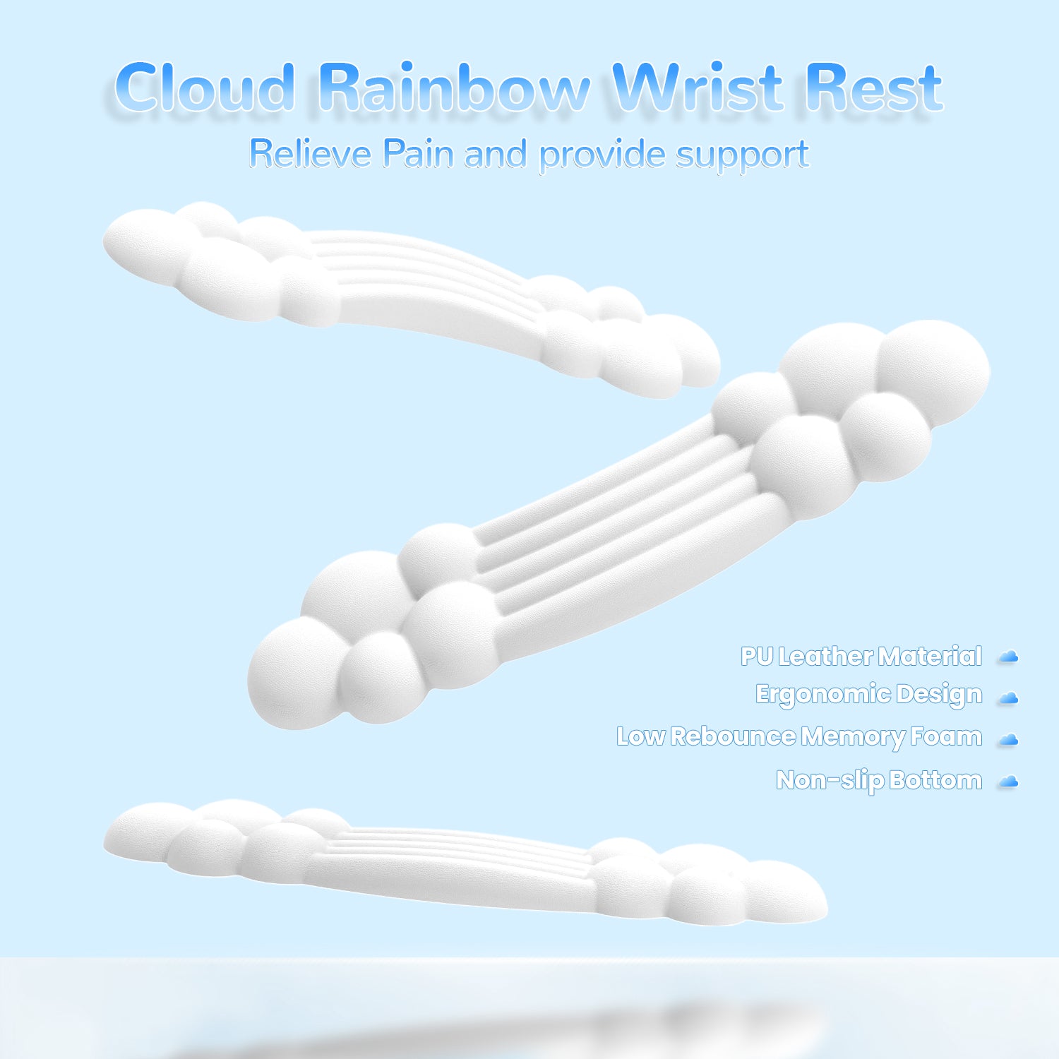 Cloud rainbow wrist rest with ergonomic features and non-slip base for comfort.