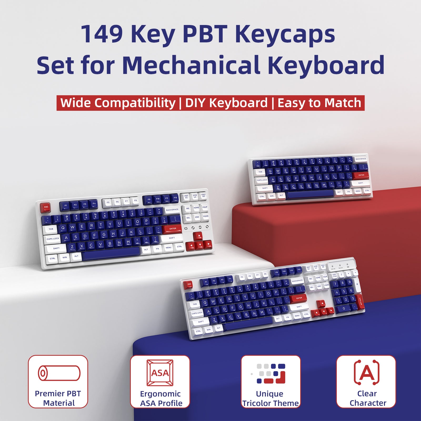 149 key PBT keycaps set in blue and white with red modifiers for mechanical keyboards.