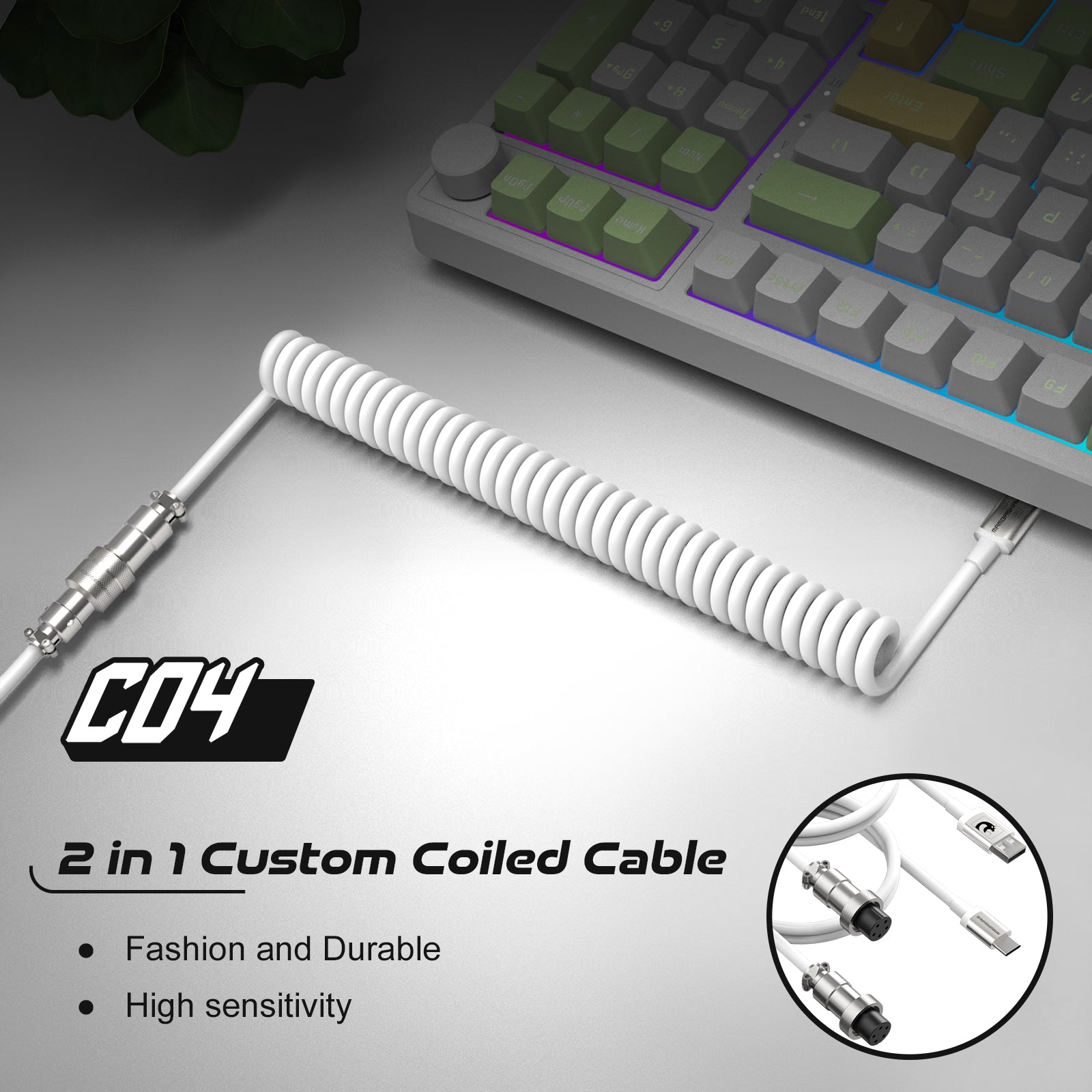 Coiled USB cable with detachable metal plug, connecting to a mechanical keyboard.